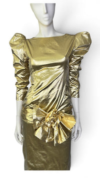 1980’s Liquid Gold Lamé Evening Gown with Dramatic Puff Sleeves & Statement Bow