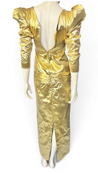 1980’s Liquid Gold Lamé Evening Gown with Dramatic Puff Sleeves & Statement Bow