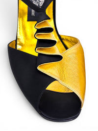 Andrea Pfister Black Satin & Gold Sculptural Ruffle Couture Heels
