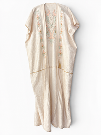 Vintage 70s Ivory Embroidered Caftan with Gold Tassel and Rope Detail