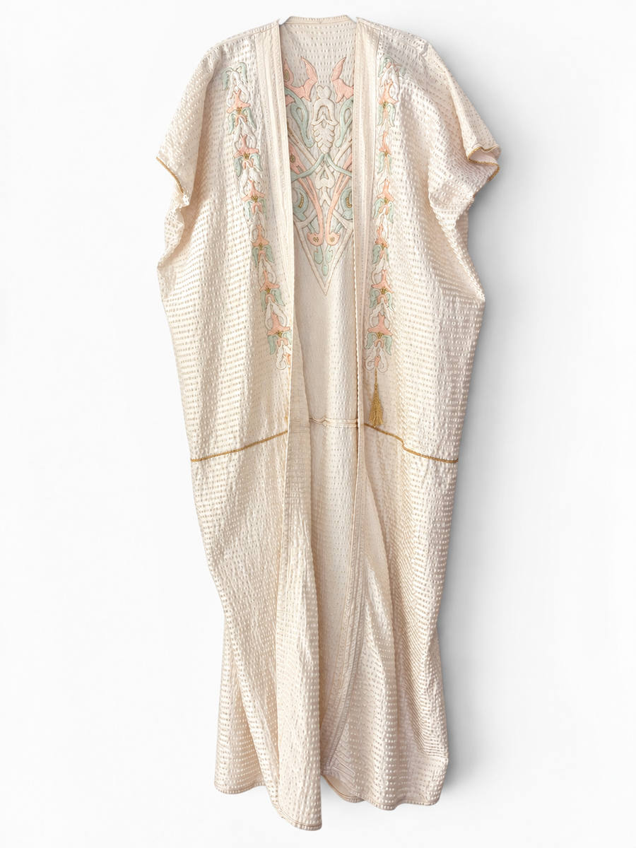 Vintage 70s Ivory Embroidered Caftan with Gold Tassel and Rope Detail