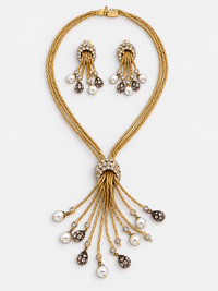 Golden Cascade | Vintage Rhinestone & Pearl Tassel Necklace and Earring Set