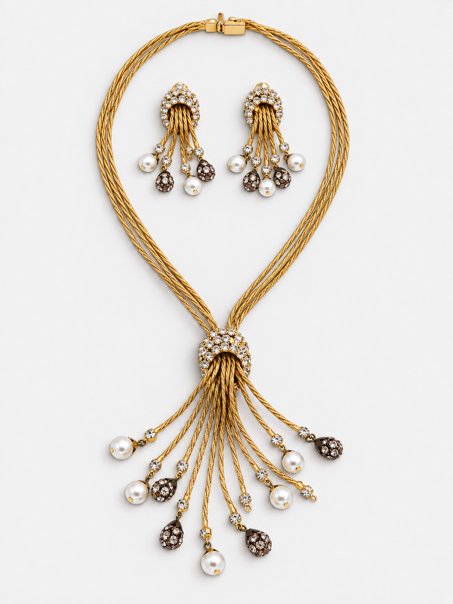 Golden Cascade | Vintage Rhinestone & Pearl Tassel Necklace and Earring Set