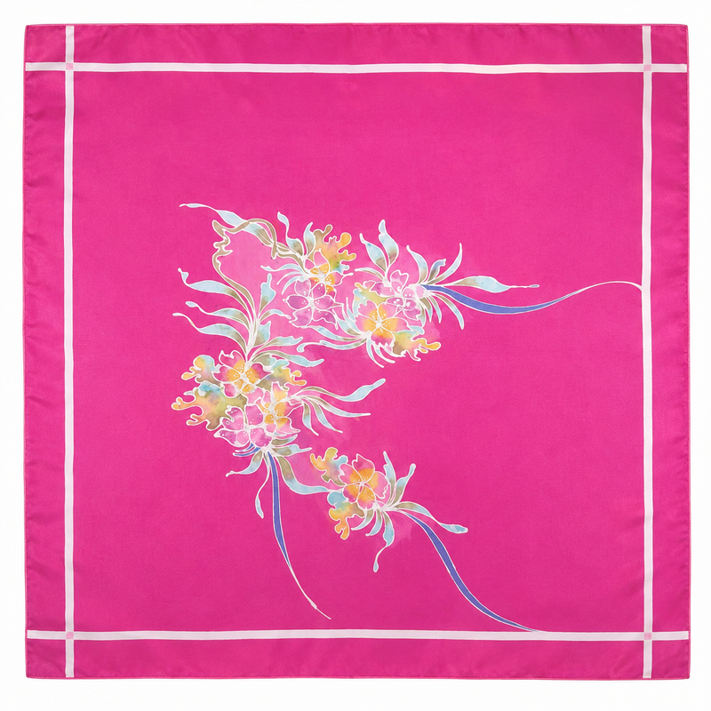 Vintage Hand Painted Silk Scarf | Pink Floral Silk Square Scarf | 33" x 33" | Wearable Textile Art