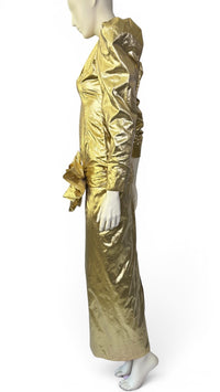 1980’s Liquid Gold Lamé Evening Gown with Dramatic Puff Sleeves & Statement Bow