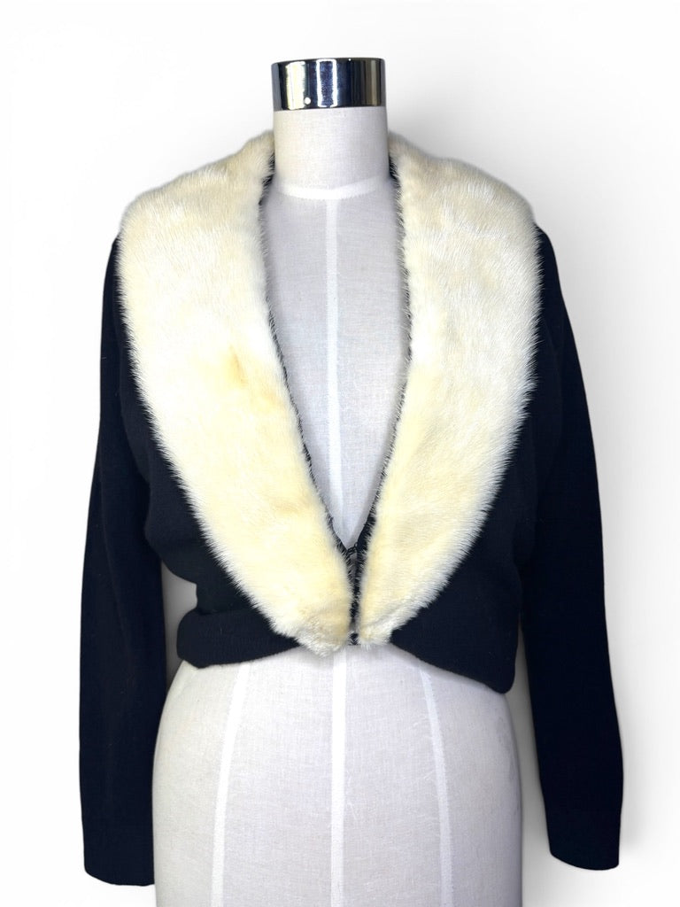 Winter in Black & Ivory | Vintage La Boutique Wool Cardigan with Genuine Fur Collar