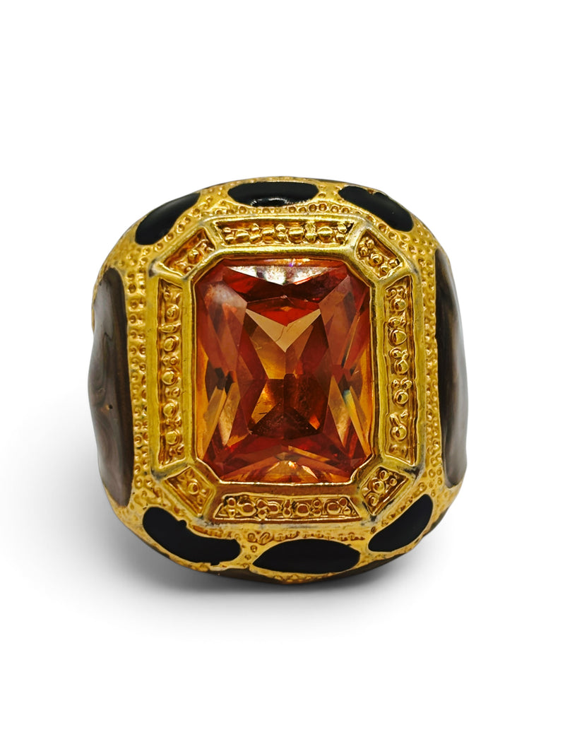 Vintage Amber Glass & Enamel Statement Ring
