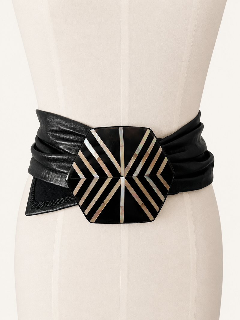 The Deco Shield | Vintage Laise Adzer Extra-Wide Leather Statement Belt