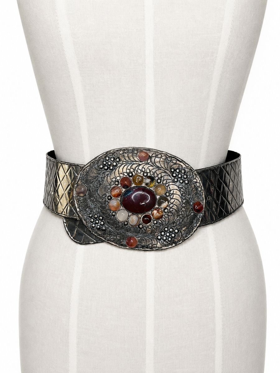 Vintage Indian Saja-Style Cabochon Statement Belt