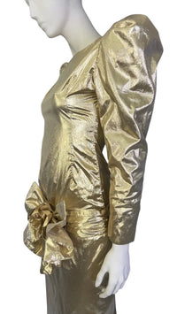 1980’s Liquid Gold Lamé Evening Gown with Dramatic Puff Sleeves & Statement Bow