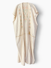 Vintage 70s Ivory Embroidered Caftan with Gold Tassel and Rope Detail