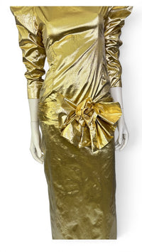 1980’s Liquid Gold Lamé Evening Gown with Dramatic Puff Sleeves & Statement Bow