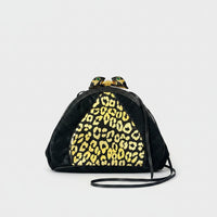 Meow! Sharif Black and Gold Leather Leopard Clutch with Bold Rhinestone Leopard Clasp
