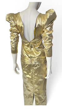 1980’s Liquid Gold Lamé Evening Gown with Dramatic Puff Sleeves & Statement Bow