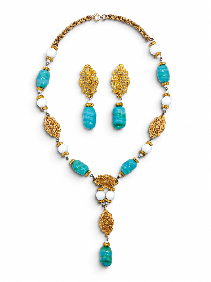 Turquoise Reverie | Vintage 70s Castlecliff Glass Necklace and Earring Set