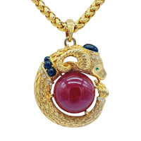 Rare 70's GEM CRAFT Gold-Tone Ram's Head Cabochon and Rhinestone Necklace