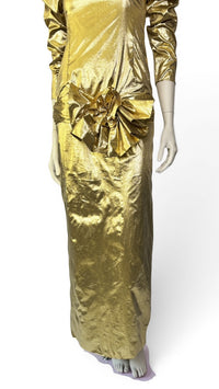 1980’s Liquid Gold Lamé Evening Gown with Dramatic Puff Sleeves & Statement Bow