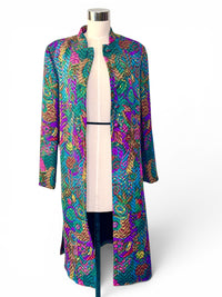 Vintage Peacock Print Quilted Long Jacket | Mandarin Collar Jewel Tone Statement Coat