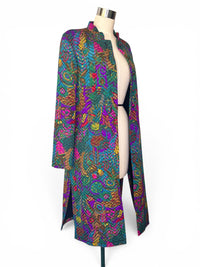 Vintage Peacock Print Quilted Long Jacket | Mandarin Collar Jewel Tone Statement Coat