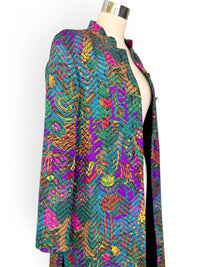 Vintage Peacock Print Quilted Long Jacket | Mandarin Collar Jewel Tone Statement Coat