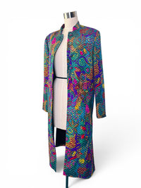 Vintage Peacock Print Quilted Long Jacket | Mandarin Collar Jewel Tone Statement Coat
