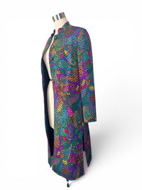 Vintage Peacock Print Quilted Long Jacket | Mandarin Collar Jewel Tone Statement Coat