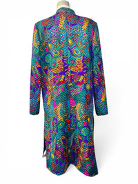 Vintage Peacock Print Quilted Long Jacket | Mandarin Collar Jewel Tone Statement Coat