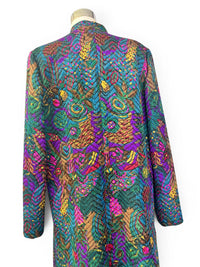 Vintage Peacock Print Quilted Long Jacket | Mandarin Collar Jewel Tone Statement Coat
