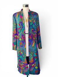Vintage Peacock Print Quilted Long Jacket | Mandarin Collar Jewel Tone Statement Coat