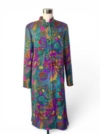 Vintage Peacock Print Quilted Long Jacket | Mandarin Collar Jewel Tone Statement Coat