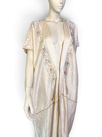 Vintage 70s Ivory Embroidered Caftan with Gold Tassel and Rope Detail