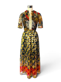 Oscar de la Renta Boutique 70's Floral Tribal Metallic Dress - Wounded Bird