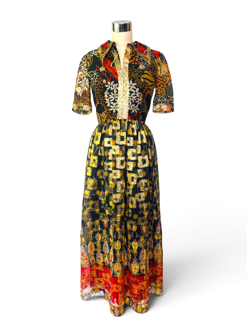 Oscar de la Renta Boutique 70's Floral Tribal Metallic Dress - Wounded Bird