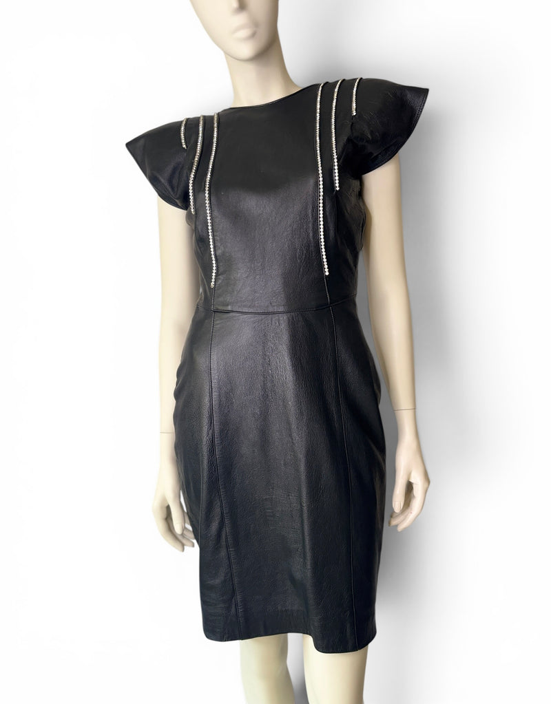 Vintage 80s Dali Melamé Leather Power Dress | Rhinestone Warrior Mini
