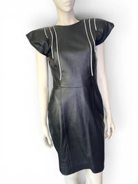 Vintage 80s Dali Melamé Leather Power Dress | Rhinestone Warrior Mini