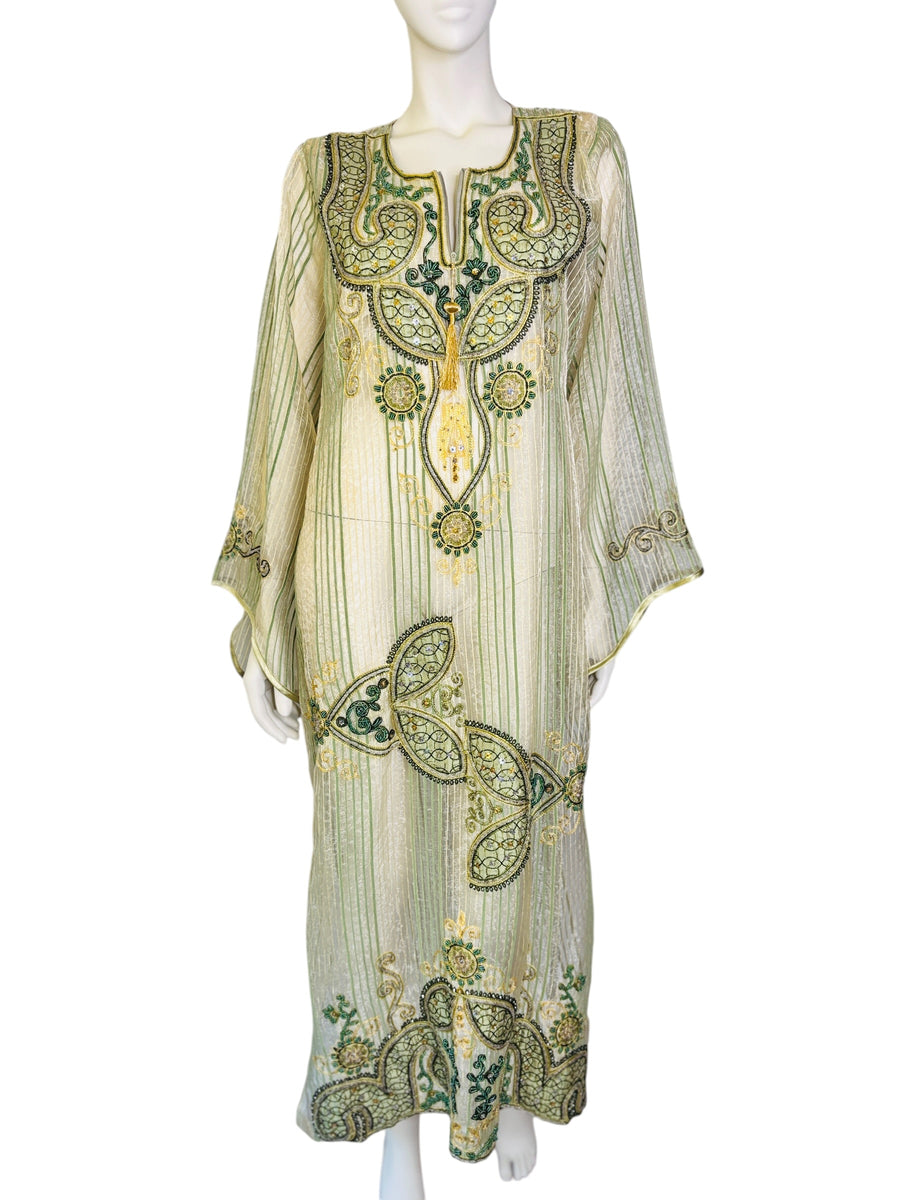 Emerald Oasis Vintage Late 1970s–Early 1980s Embellished Beaded Caftan