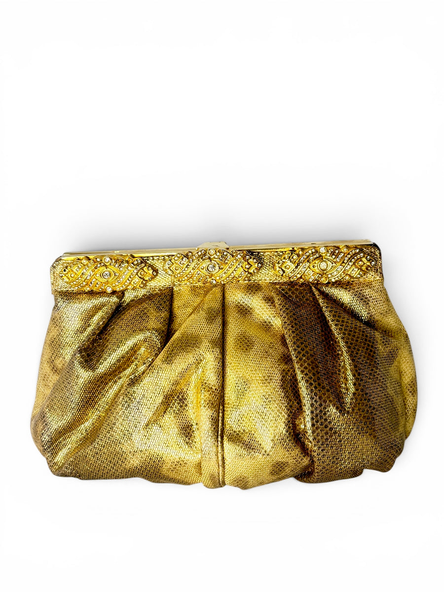 Carlo Fiori Gold Metallic Leather Python-Embossed Clutch with Rhinestone Detail