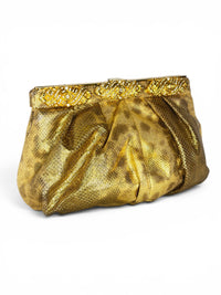 Carlo Fiori Gold Metallic Leather Python-Embossed Clutch with Rhinestone Detail