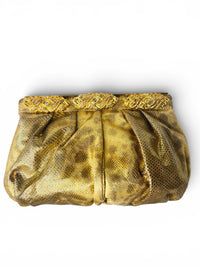 Carlo Fiori Gold Metallic Leather Python-Embossed Clutch with Rhinestone Detail