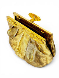 Carlo Fiori Gold Metallic Leather Python-Embossed Clutch with Rhinestone Detail