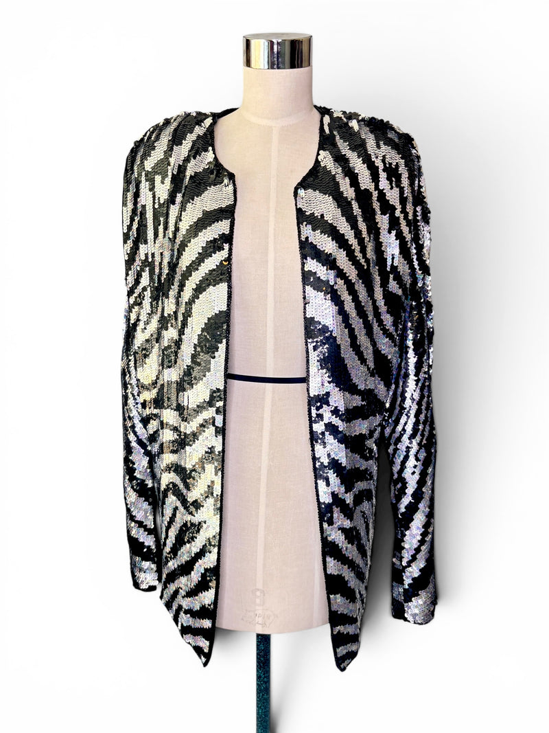 Vintage Silver and Black Zebra Silk and Aurora Borealis Sequin Statement Jacket