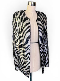 Vintage Silver and Black Zebra Silk and Aurora Borealis Sequin Statement Jacket