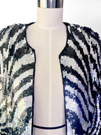 Vintage Silver and Black Zebra Silk and Aurora Borealis Sequin Statement Jacket