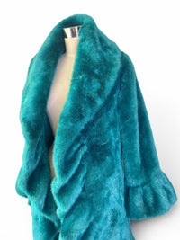 Terry Lewis Faux Fur Turquoise Teal Ruffle Statement Coat – Size XS