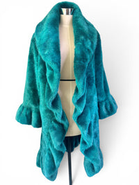 Terry Lewis Faux Fur Turquoise Teal Ruffle Statement Coat – Size XS