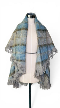 Vintage Andrew Stewart Mohair Wool Blue and Gray Fringe Plaid Cape Shawl