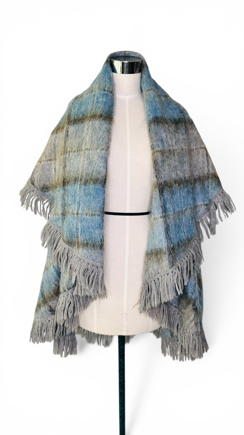 Vintage Andrew Stewart Mohair Wool Blue and Gray Fringe Plaid Cape Shawl