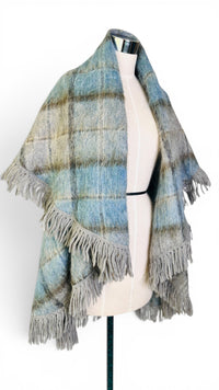 Vintage Andrew Stewart Mohair Wool Blue and Gray Fringe Plaid Cape Shawl