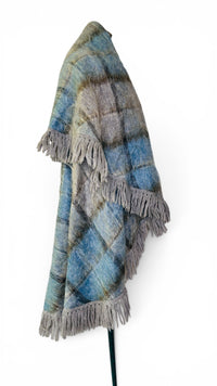 Vintage Andrew Stewart Mohair Wool Blue and Gray Fringe Plaid Cape Shawl
