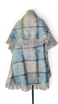 Vintage Andrew Stewart Mohair Wool Blue and Gray Fringe Plaid Cape Shawl